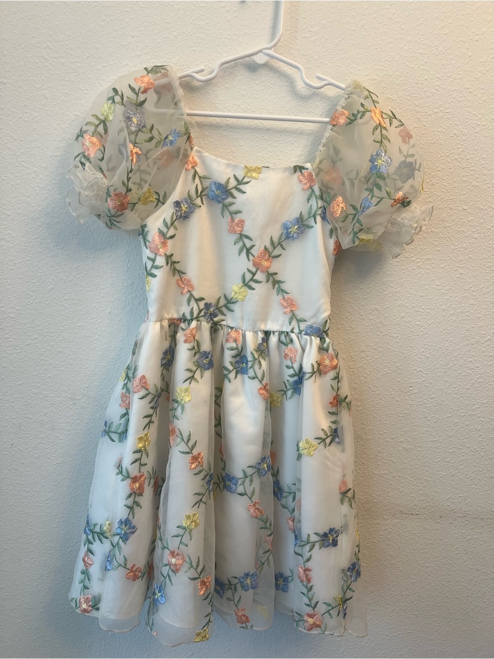 Rare Editions White Dress with Multicolor Floral Embroidery
